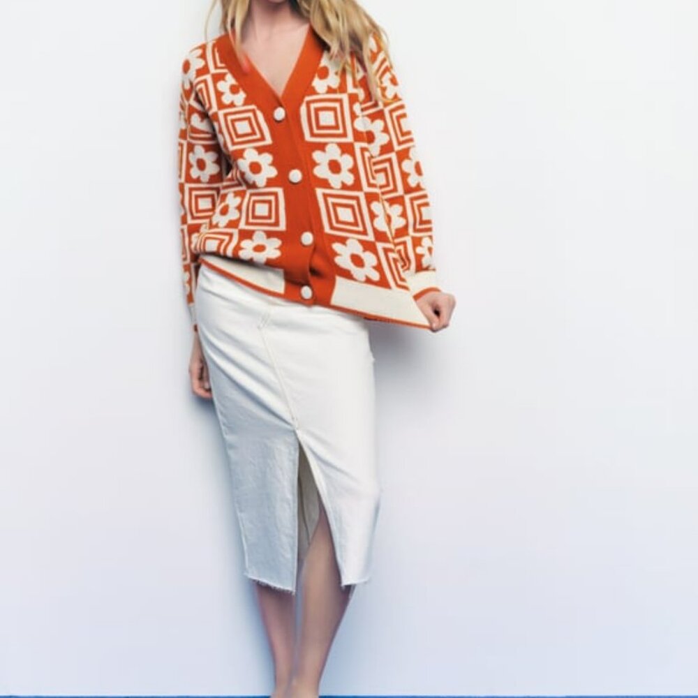 RETRO KNIT JACQUARD FLORAL CARDIGAN - Picture 1 of 16